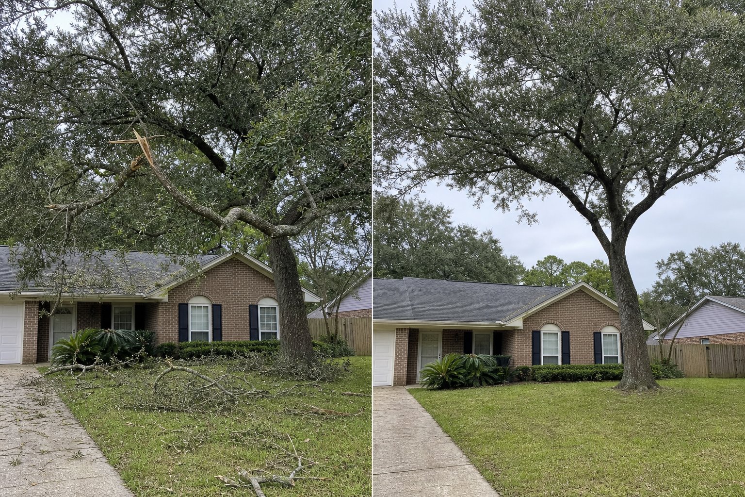 Representative before and after comparison of storm-damaged tree limbs removed from a Mobile area yard