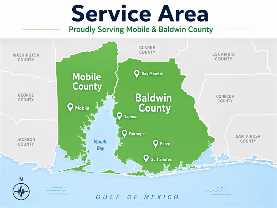 Service area map showing Mobile, West Mobile, Semmes, Saraland, Spanish Fort, Daphne, Fairhope, and Baldwin County